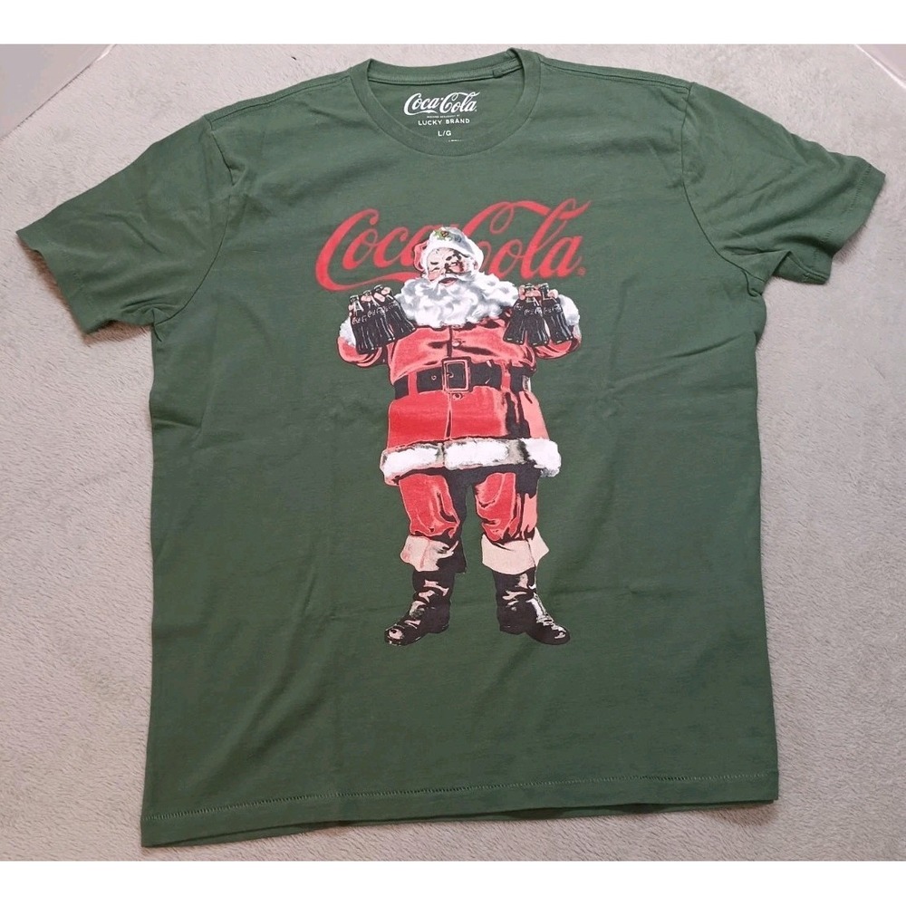 Lucky Brand Coca-Cola Santa Claus Graphic Shirt Mens Size L Green Casual.